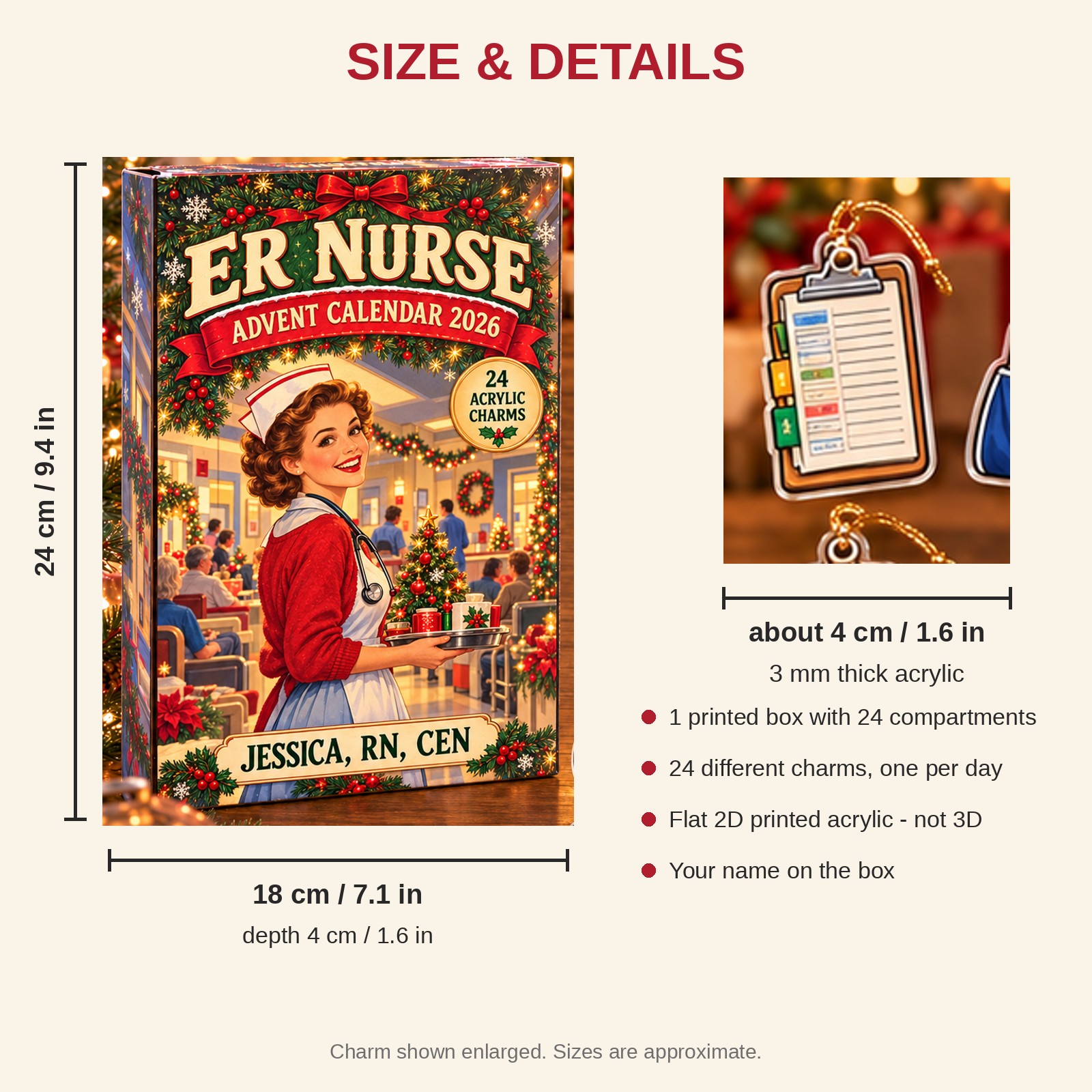 Personalized Vintage ER Nurse advent calendar box with 24 flat acrylic Christmas charms: box and charm sizes