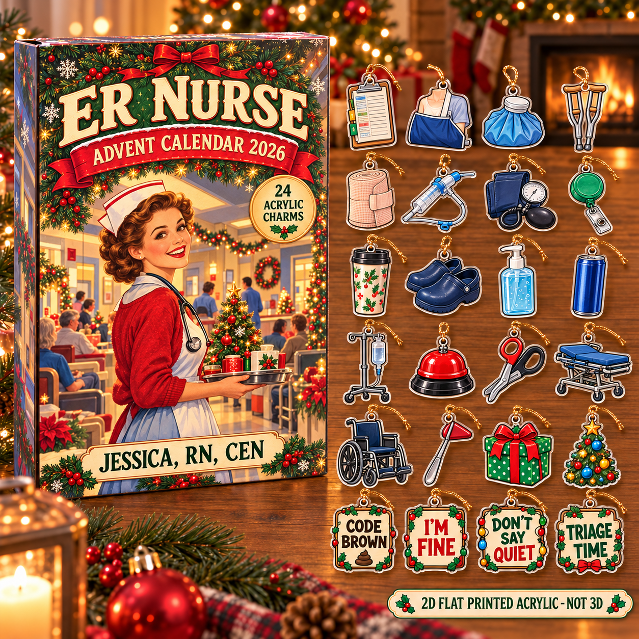Personalized Vintage ER Nurse advent calendar box with 24 flat acrylic Christmas charms