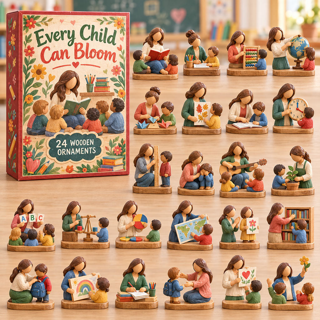 Every Child Bloom advent calendar box with 24 wooden Christmas charms