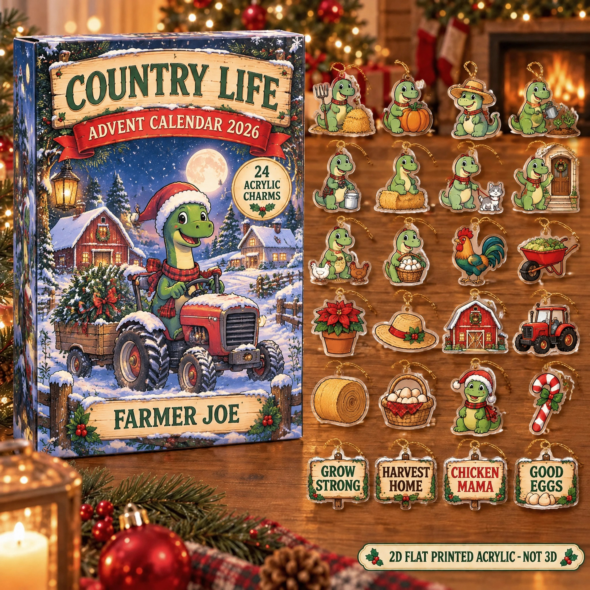 Personalized Farmer Dinosaur advent calendar box with 24 flat acrylic Christmas charms