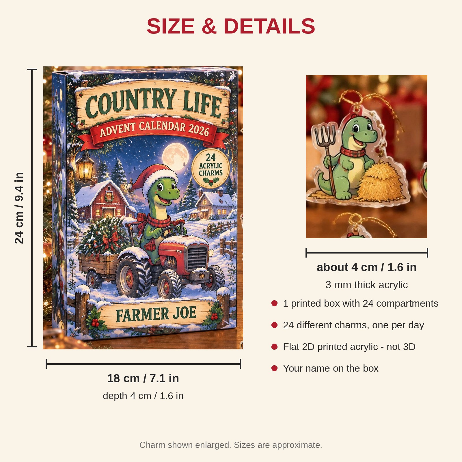 Personalized Farmer Dinosaur advent calendar box with 24 flat acrylic Christmas charms: box and charm sizes