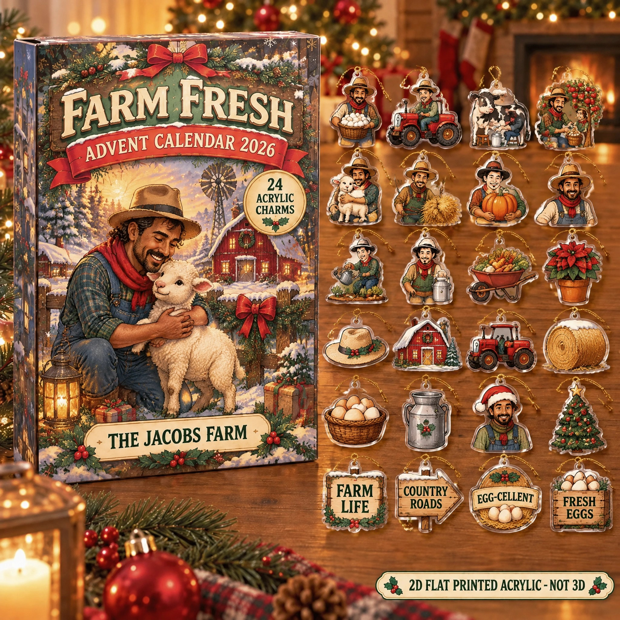 Personalized Farmer Essentials advent calendar box with 24 flat acrylic Christmas charms