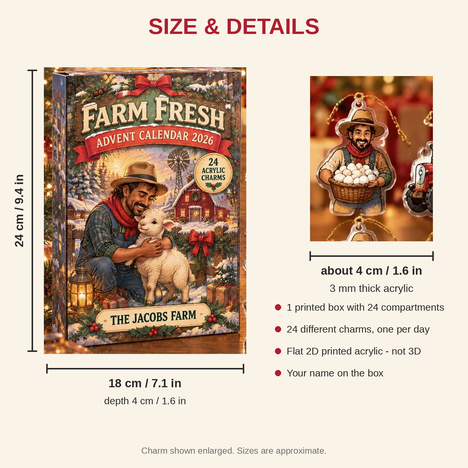 Personalized Farmer Essentials advent calendar box with 24 flat acrylic Christmas charms: box and charm sizes