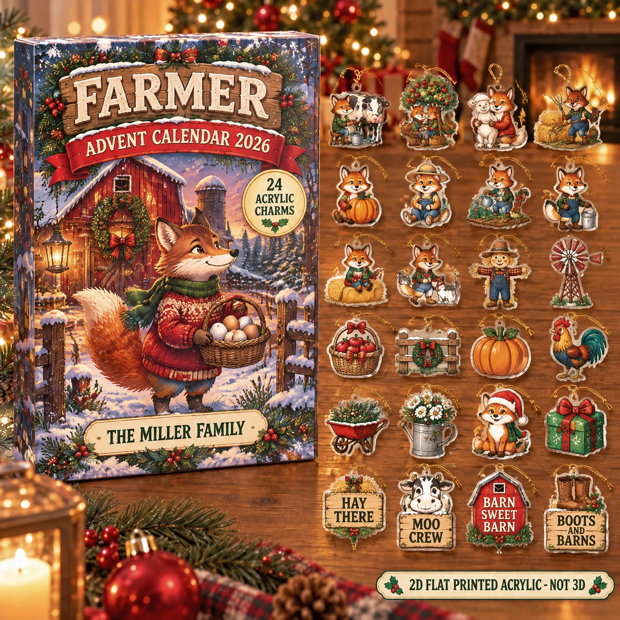 Personalized Farmer Fox advent calendar box with 24 flat acrylic Christmas charms