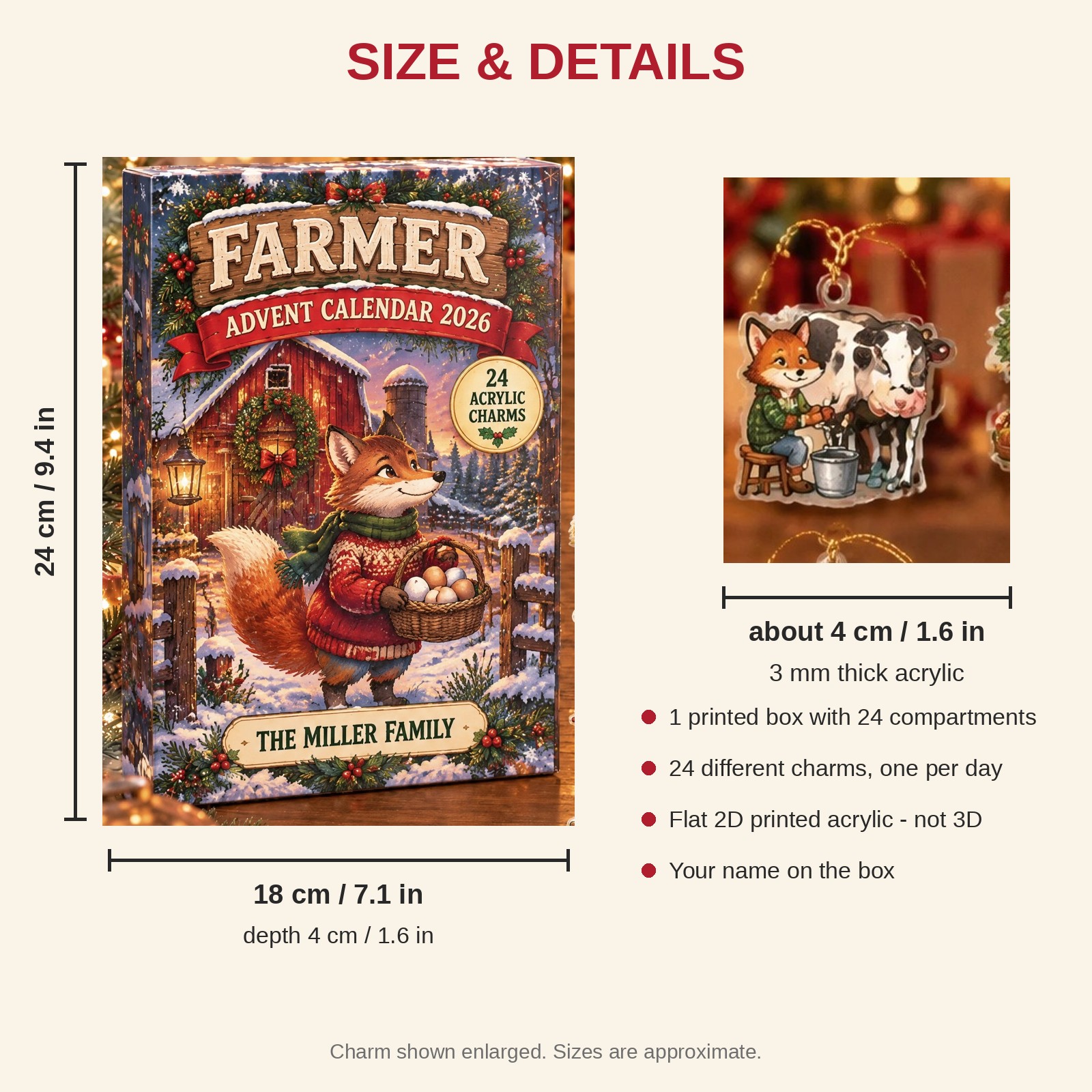 Personalized Farmer Fox advent calendar box with 24 flat acrylic Christmas charms: box and charm sizes