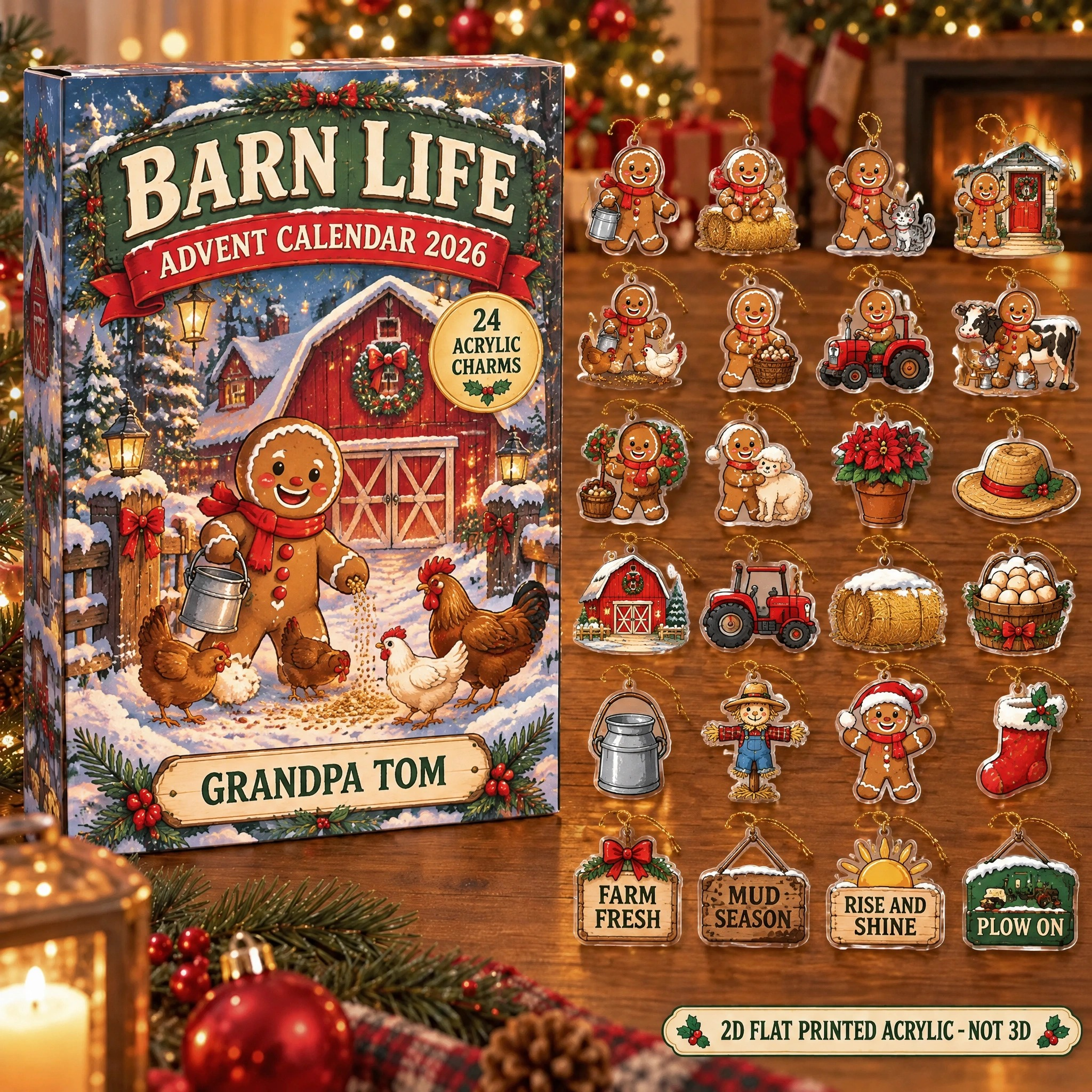 Personalized Farmer Gingerbread advent calendar box with 24 flat acrylic Christmas charms