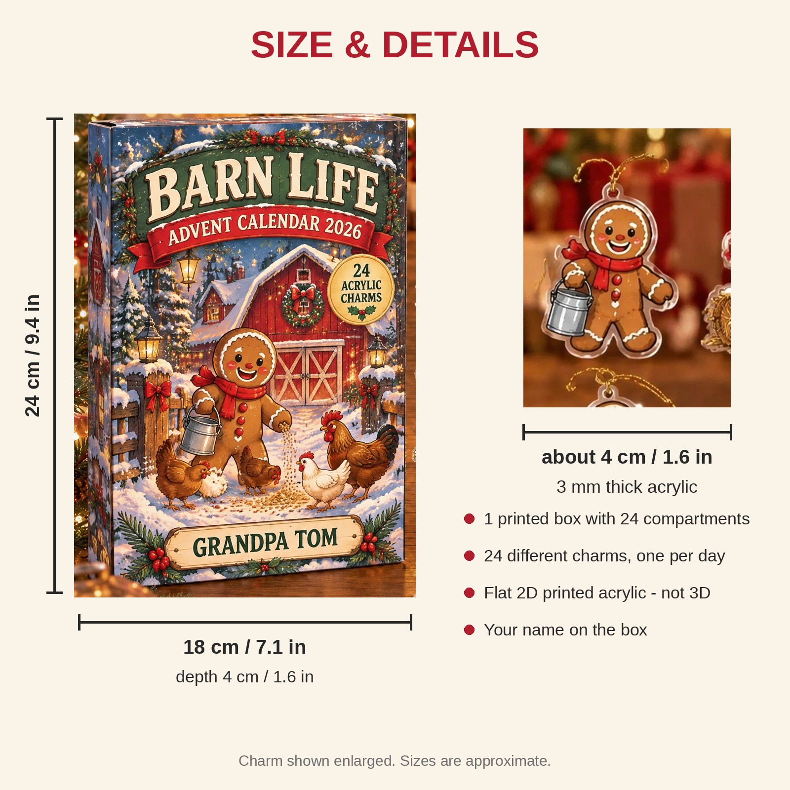 Personalized Farmer Gingerbread advent calendar box with 24 flat acrylic Christmas charms: box and charm sizes