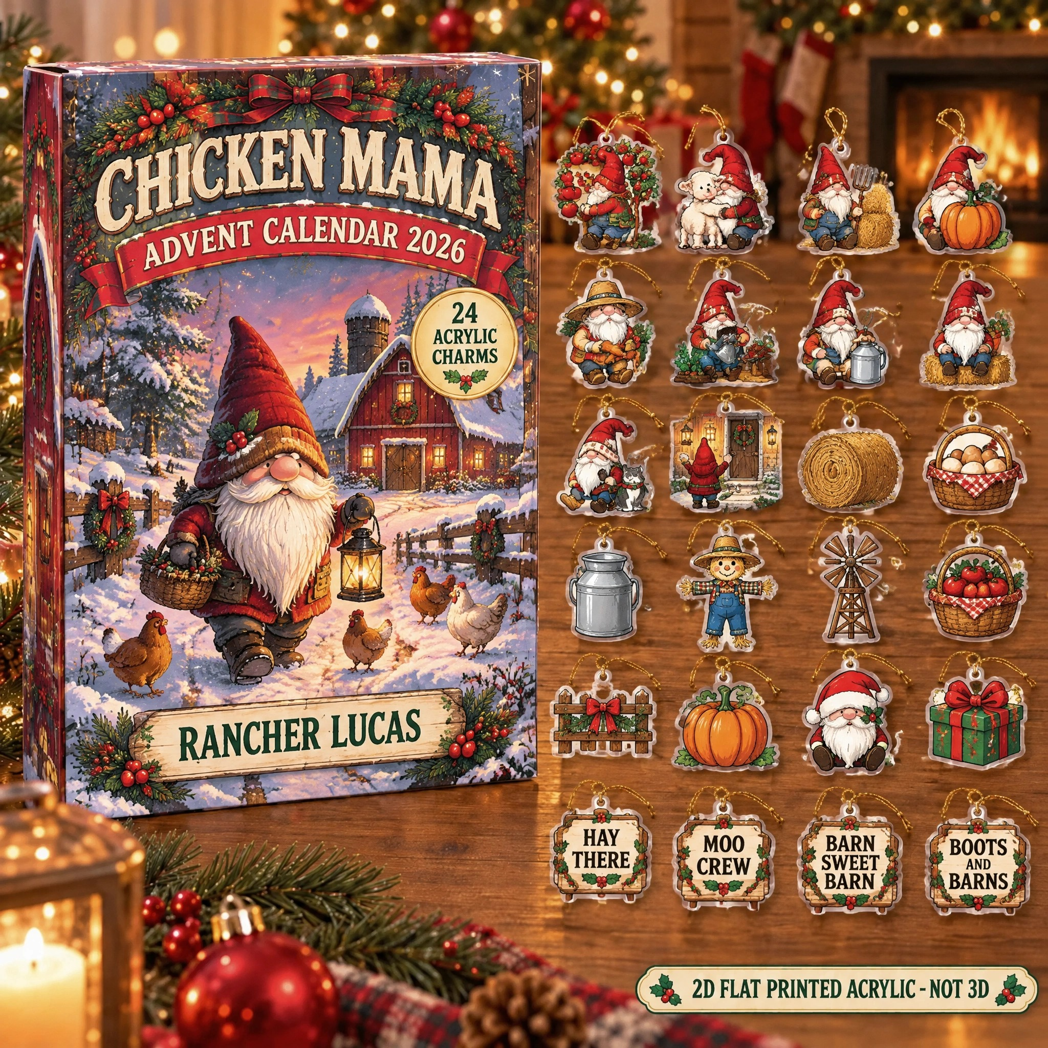 Personalized Farmer Gnome advent calendar box with 24 flat acrylic Christmas charms