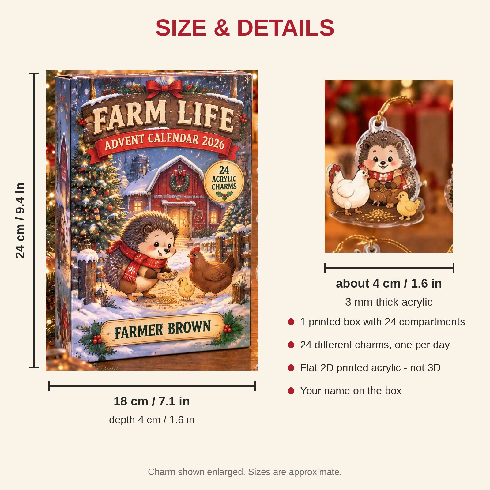 Personalized Farmer Hedgehog advent calendar box with 24 flat acrylic Christmas charms: box and charm sizes