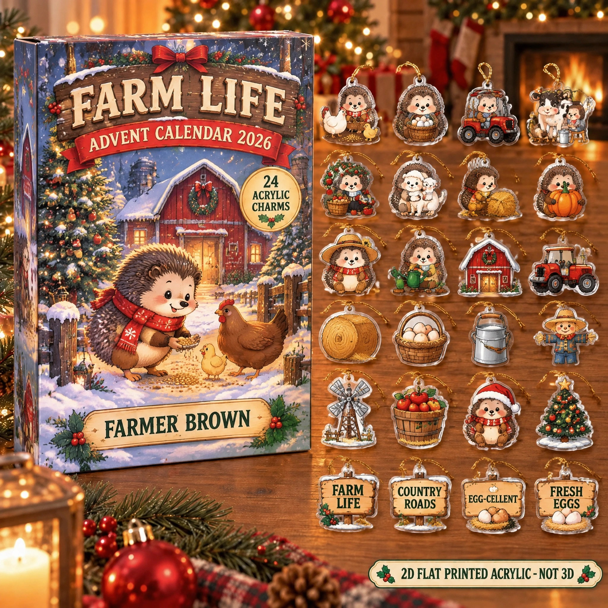 Personalized Farmer Hedgehog advent calendar box with 24 flat acrylic Christmas charms