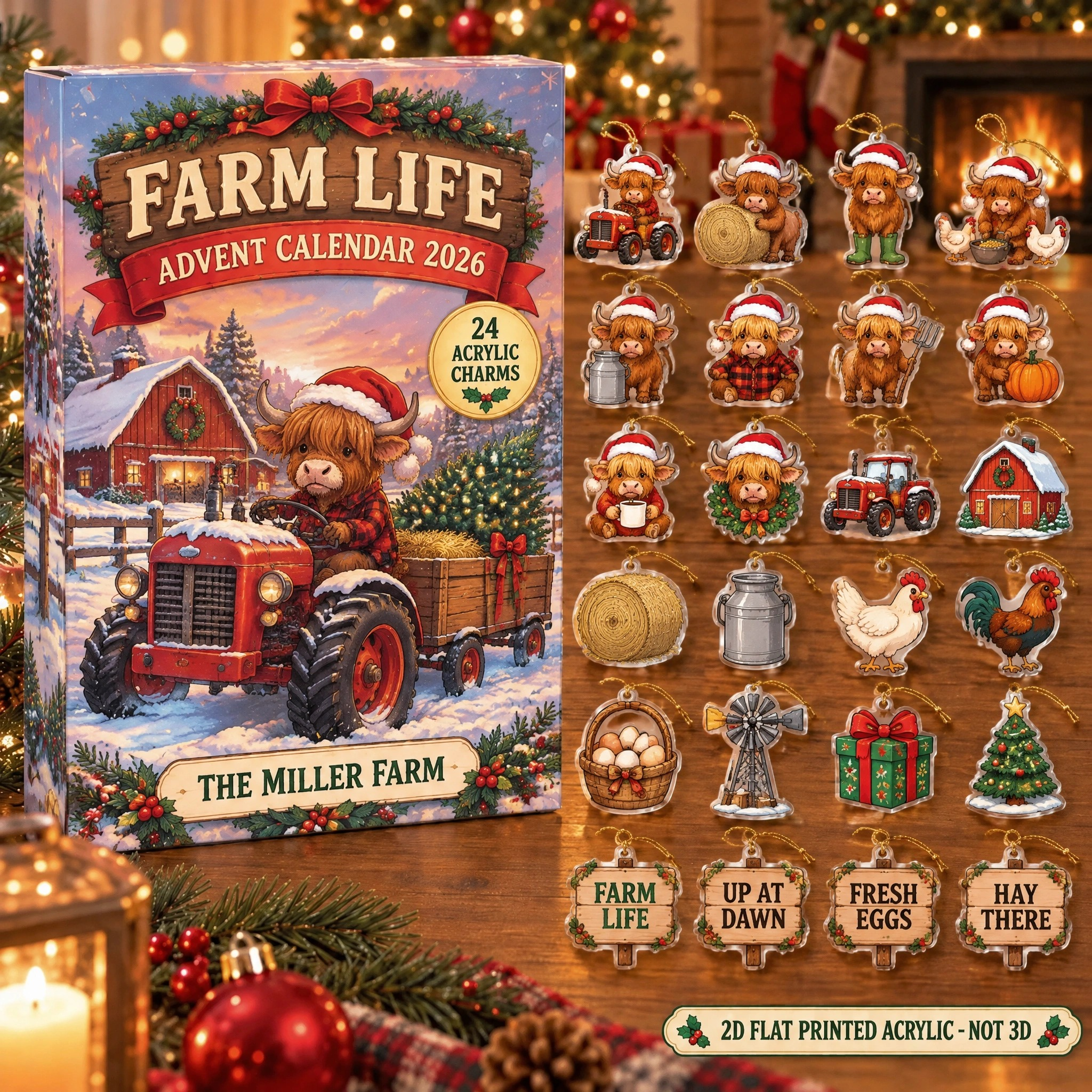 Personalized Farm Life Highland Cow advent calendar box with 24 flat acrylic Christmas charms