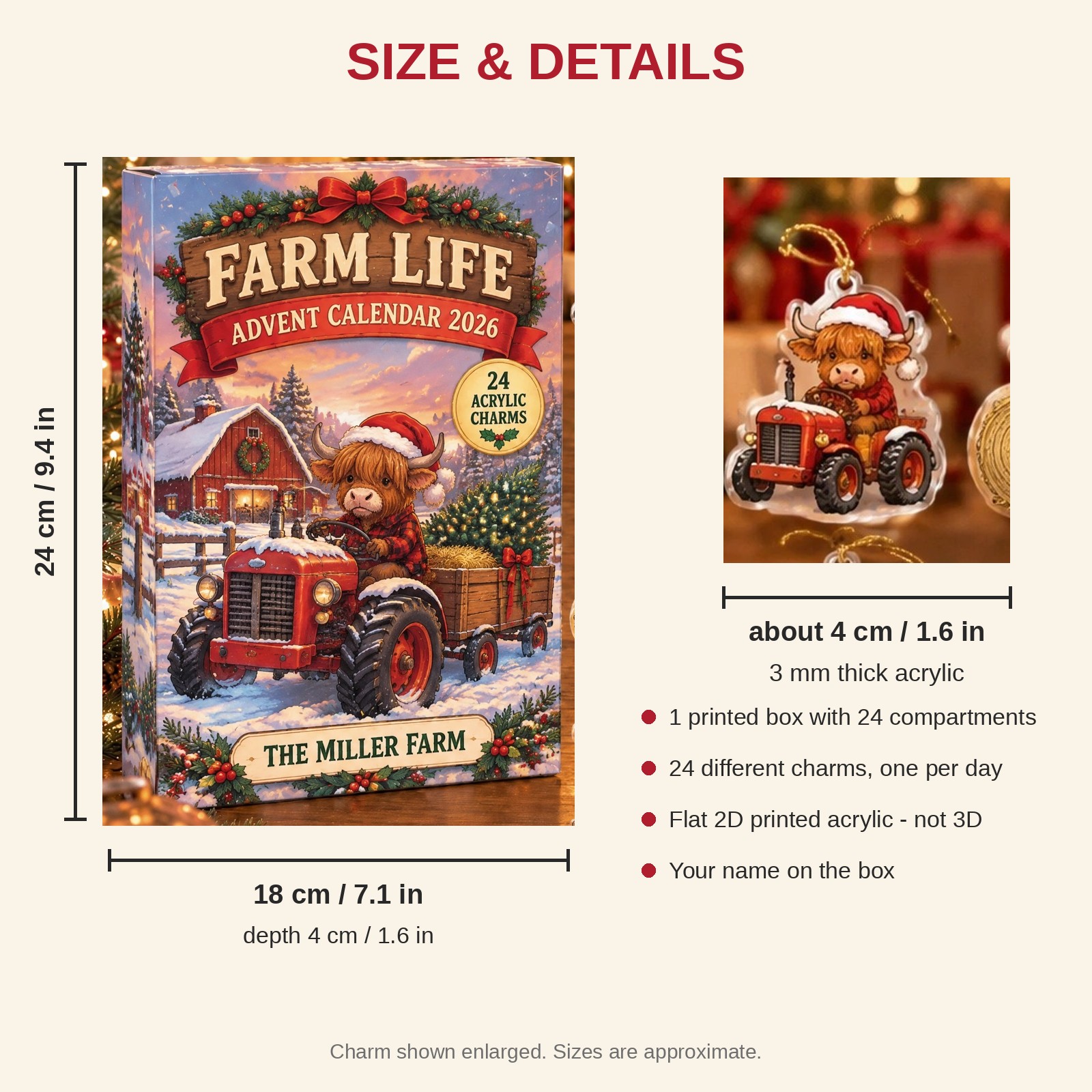 Personalized Farm Life Highland Cow advent calendar box with 24 flat acrylic Christmas charms: box and charm sizes
