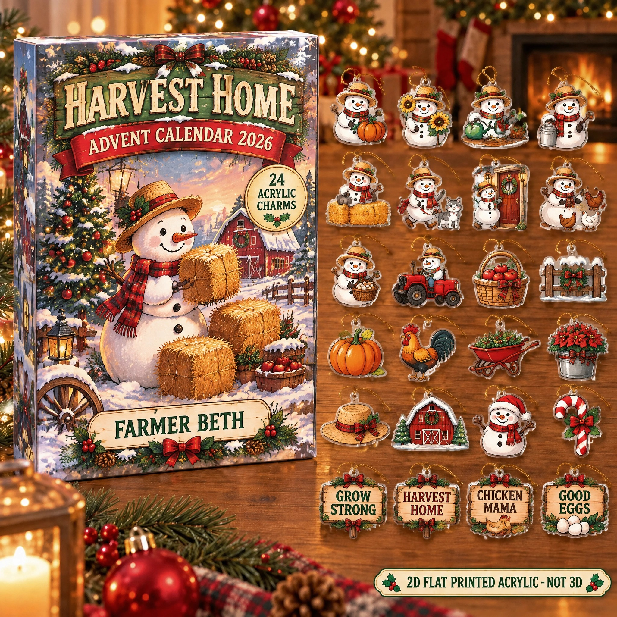 Personalized Farmer Snowman advent calendar box with 24 flat acrylic Christmas charms