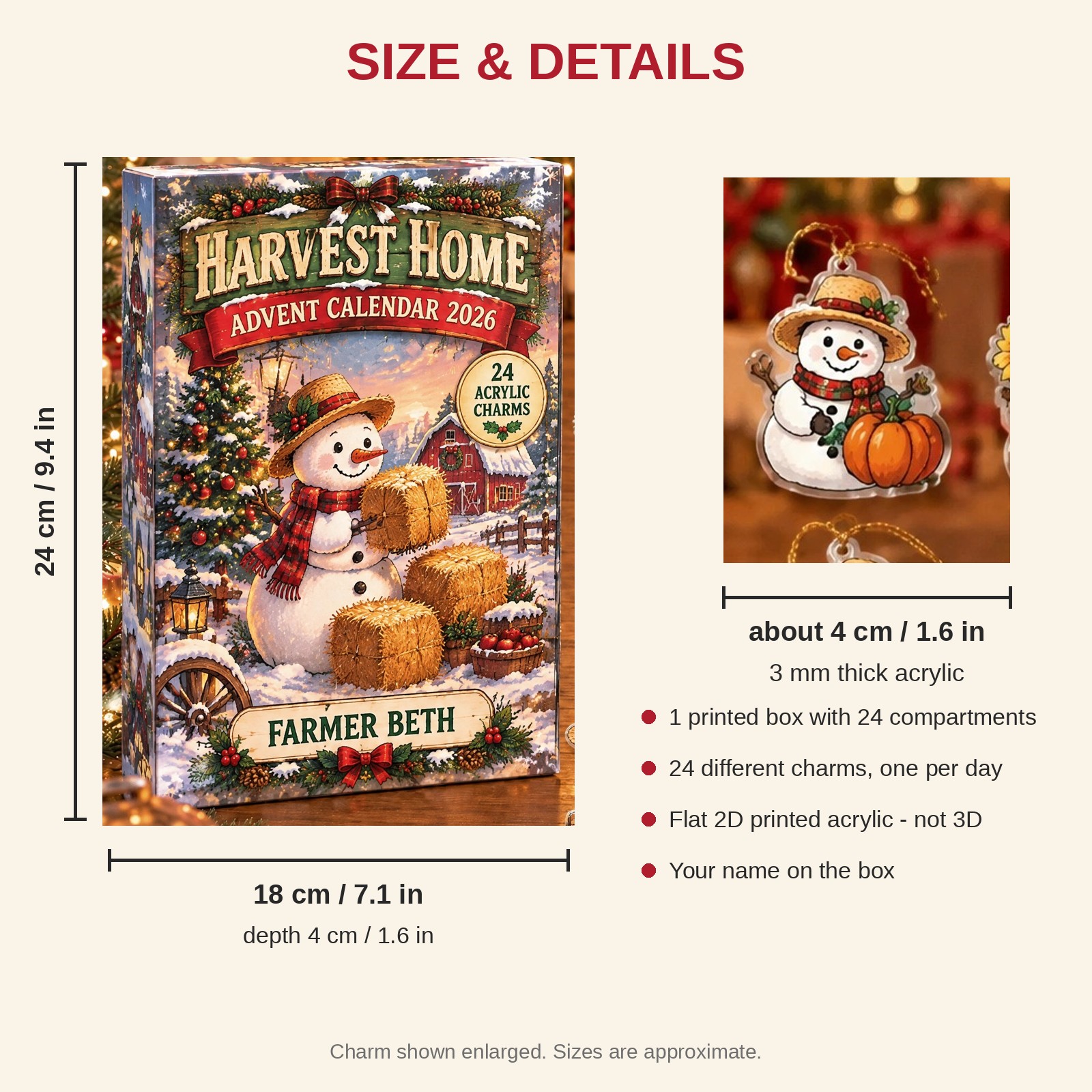 Personalized Farmer Snowman advent calendar box with 24 flat acrylic Christmas charms: box and charm sizes