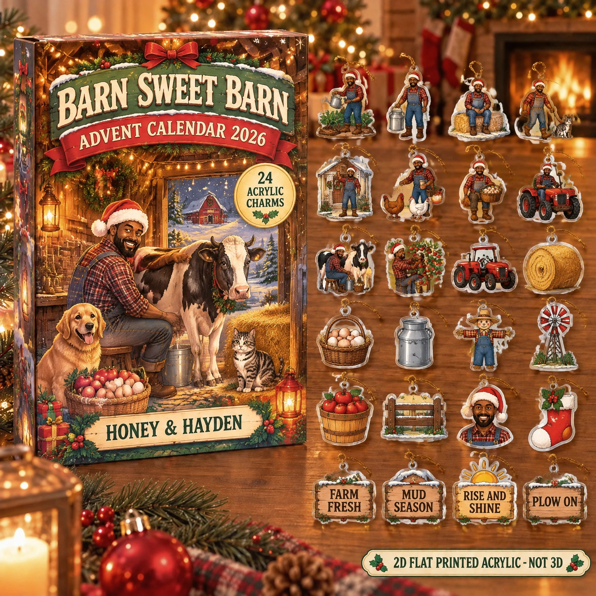 Personalized Farmer Survival Kit advent calendar box with 24 flat acrylic Christmas charms