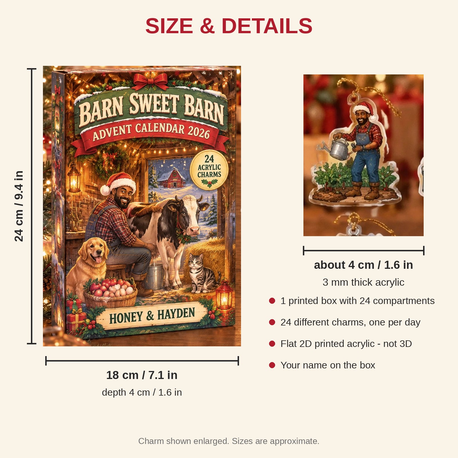 Personalized Farmer Survival Kit advent calendar box with 24 flat acrylic Christmas charms: box and charm sizes