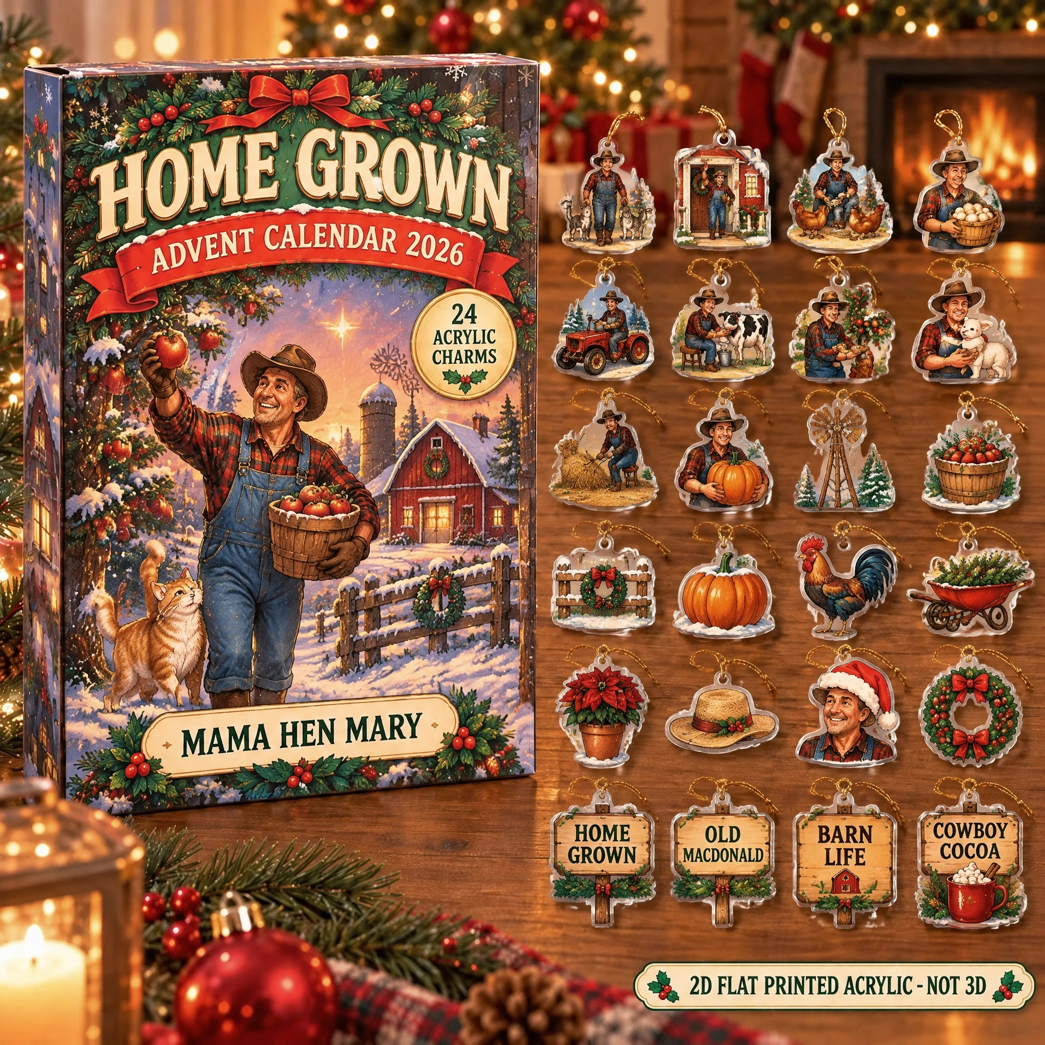 Personalized Vintage Farmer advent calendar box with 24 flat acrylic Christmas charms