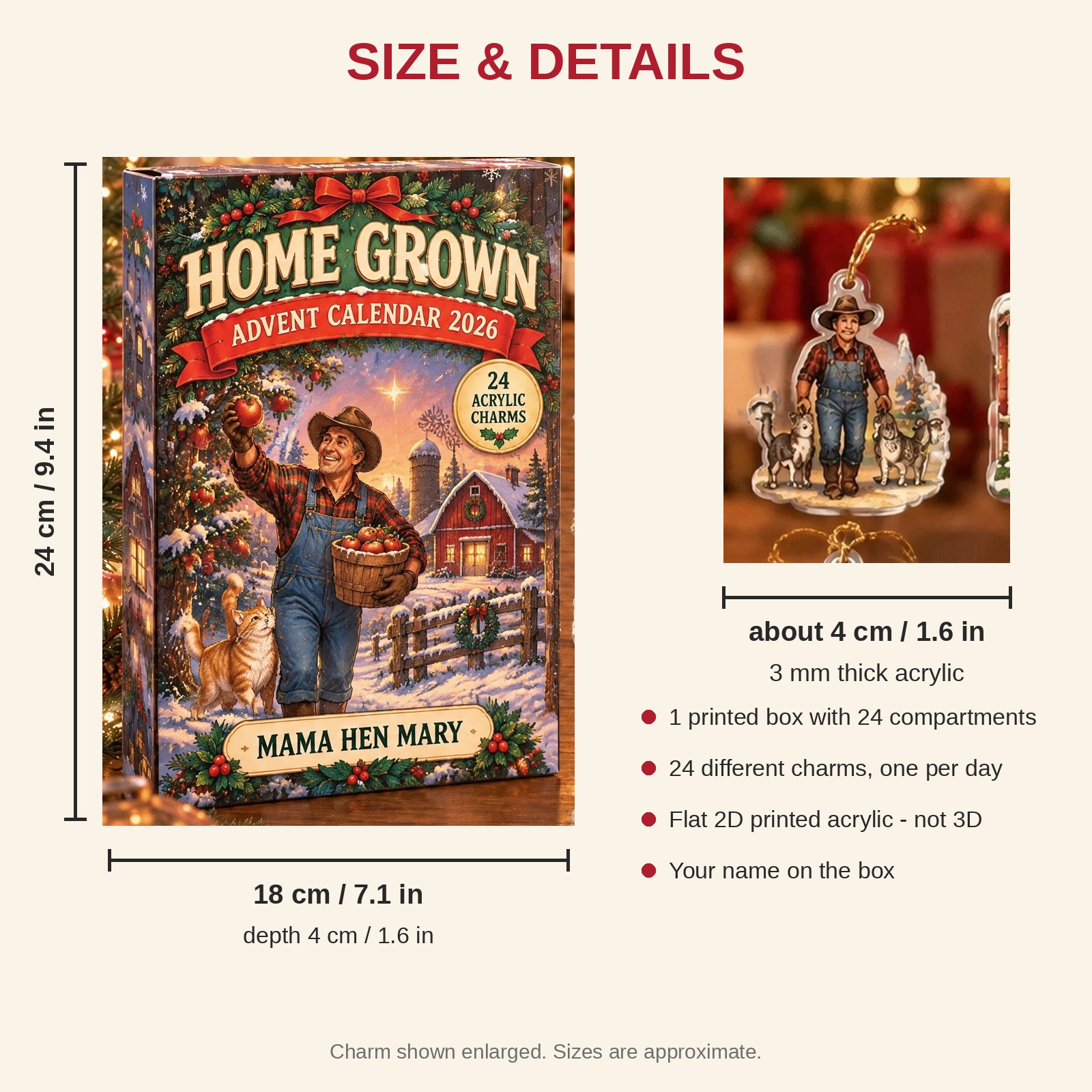 Personalized Vintage Farmer advent calendar box with 24 flat acrylic Christmas charms: box and charm sizes