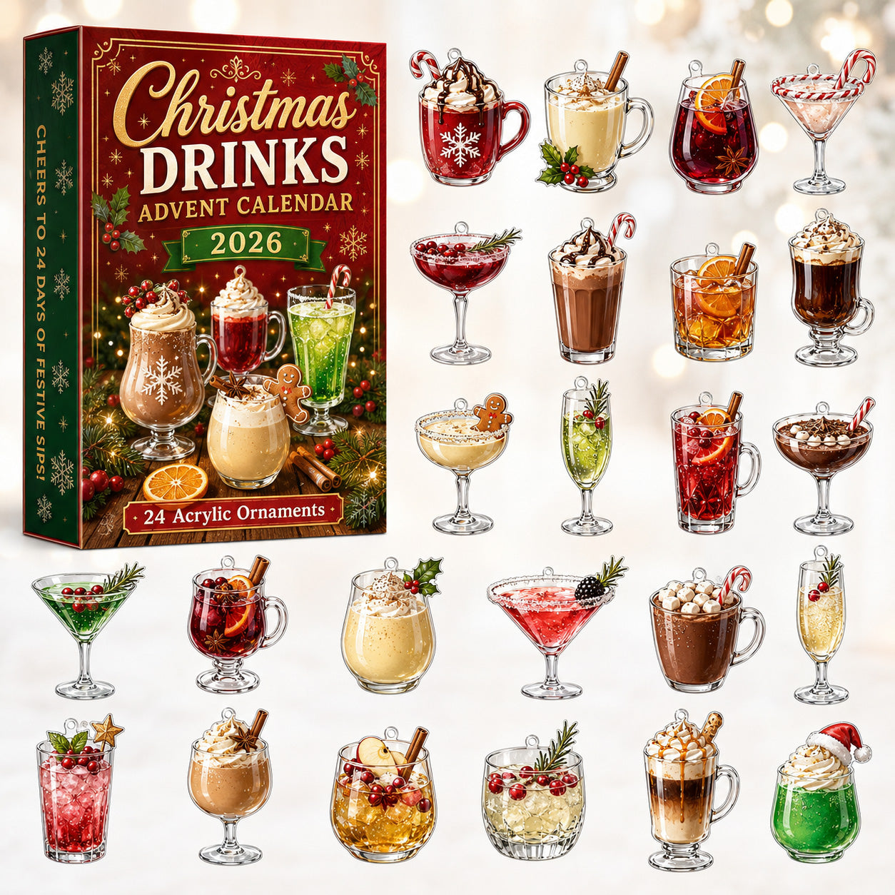 Festive Drinks advent calendar box with 24 acrylic Christmas charms