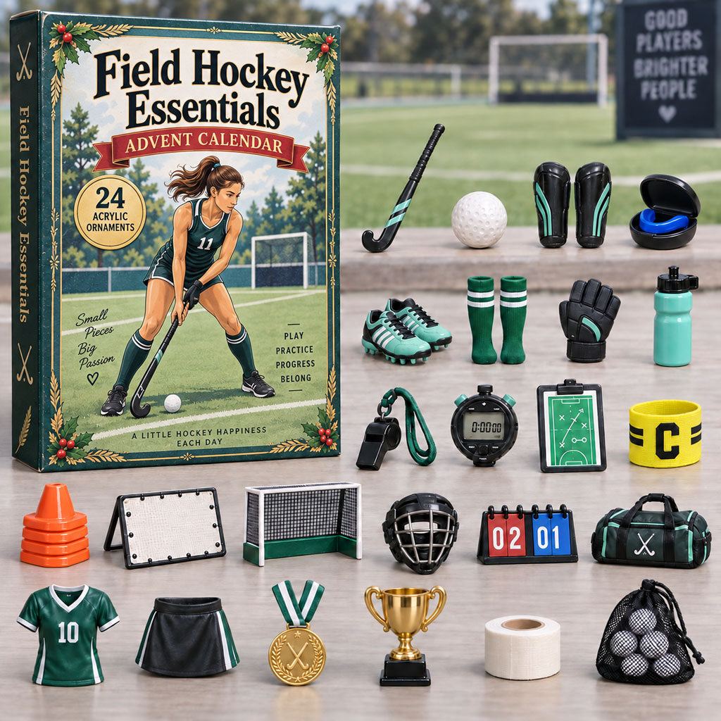 Field Hockey Essentials advent calendar box with 24 acrylic Christmas charms