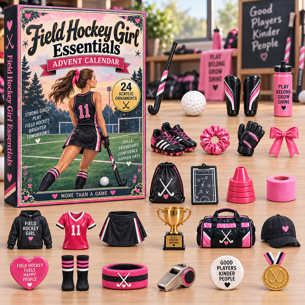Field Hockey Girl Essentials advent calendar box with 24 acrylic Christmas charms