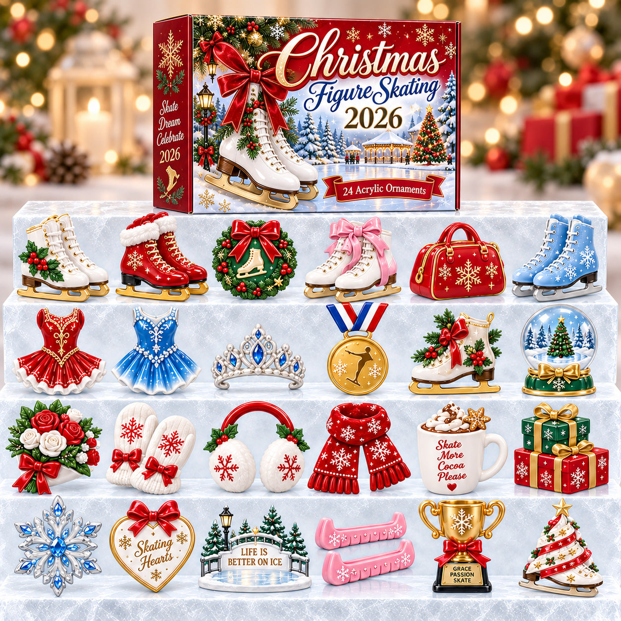 Figure Skating advent calendar box with 24 acrylic Christmas charms