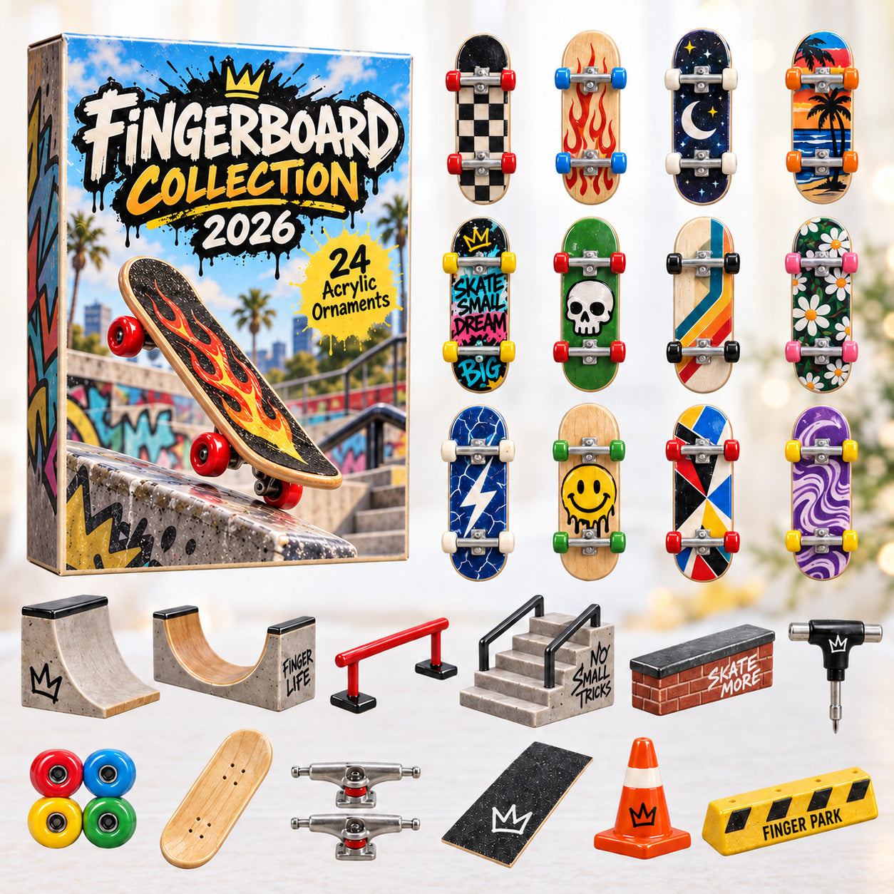 Fingerboard advent calendar box with 24 acrylic Christmas charms