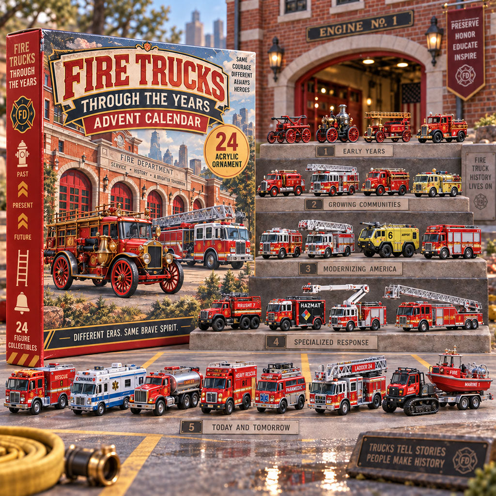 Fire Trucks History advent calendar box with 24 acrylic Christmas charms