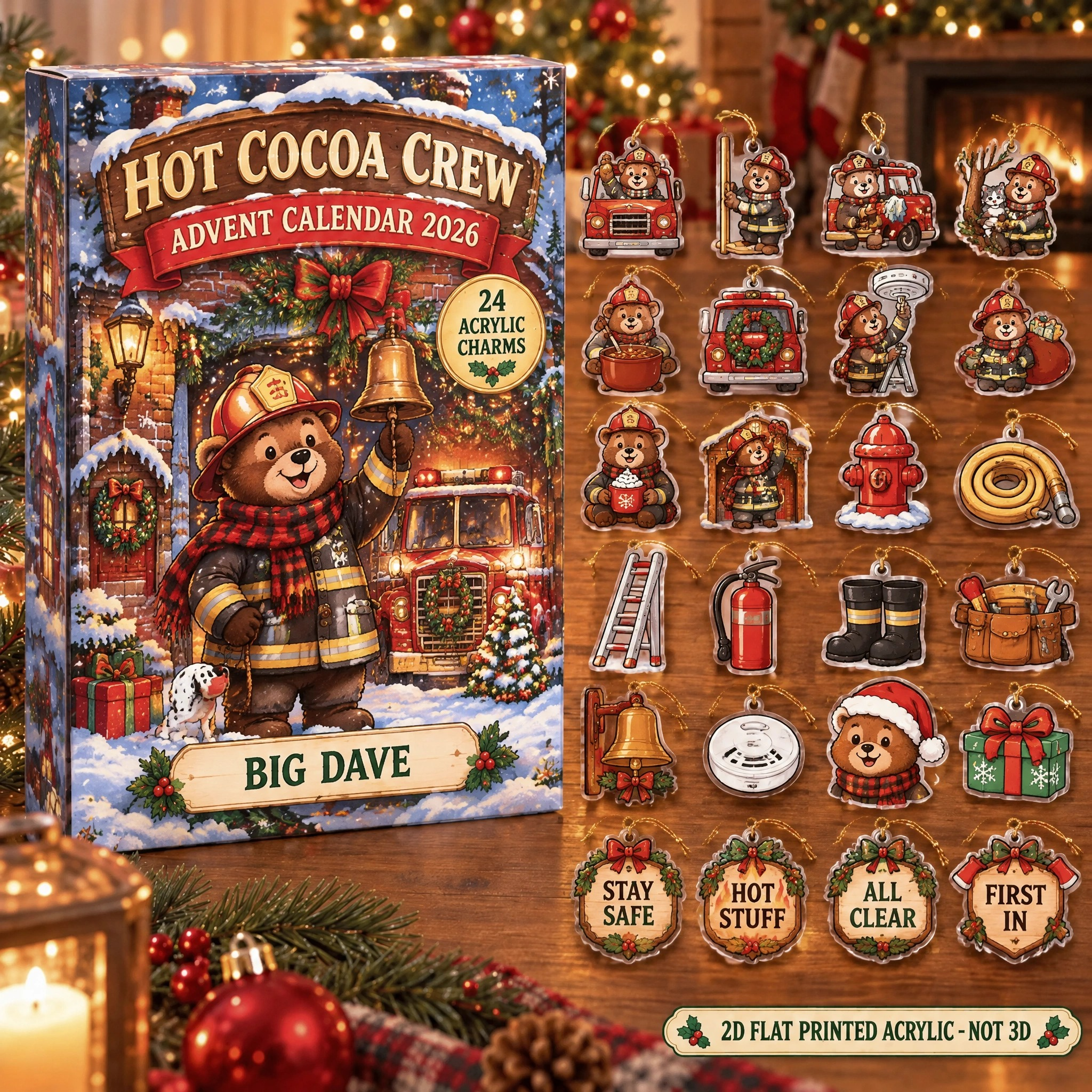 Personalized Firefighter Bear advent calendar box with 24 flat acrylic Christmas charms