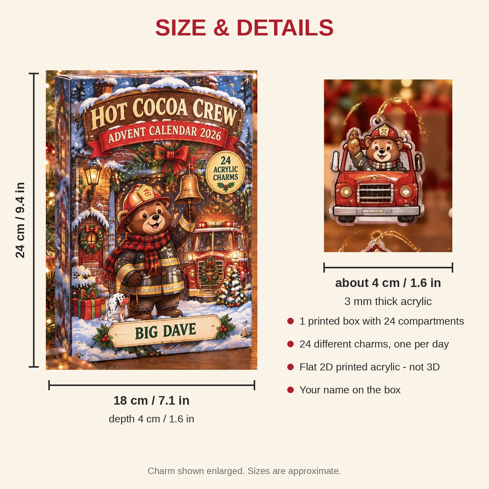 Personalized Firefighter Bear advent calendar box with 24 flat acrylic Christmas charms: box and charm sizes