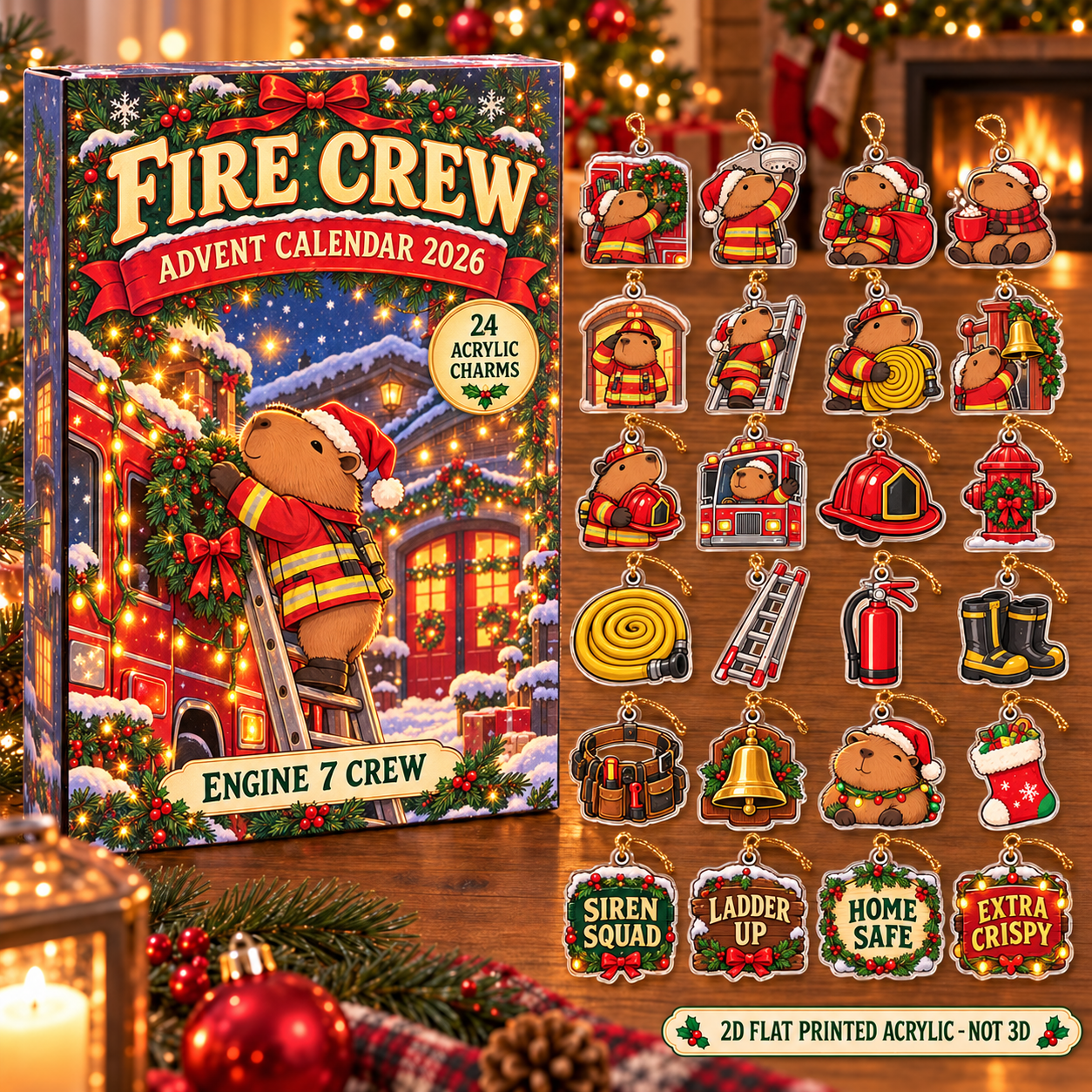Personalized Firefighter Capybara advent calendar box with 24 flat acrylic Christmas charms