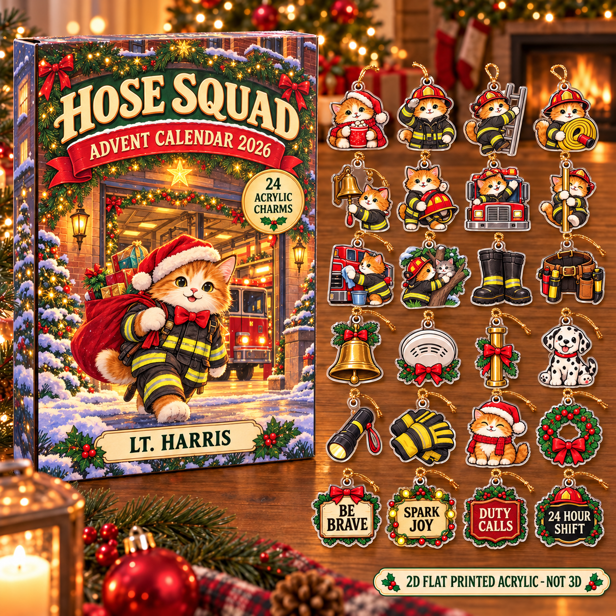 Personalized Firefighter Cat advent calendar box with 24 flat acrylic Christmas charms