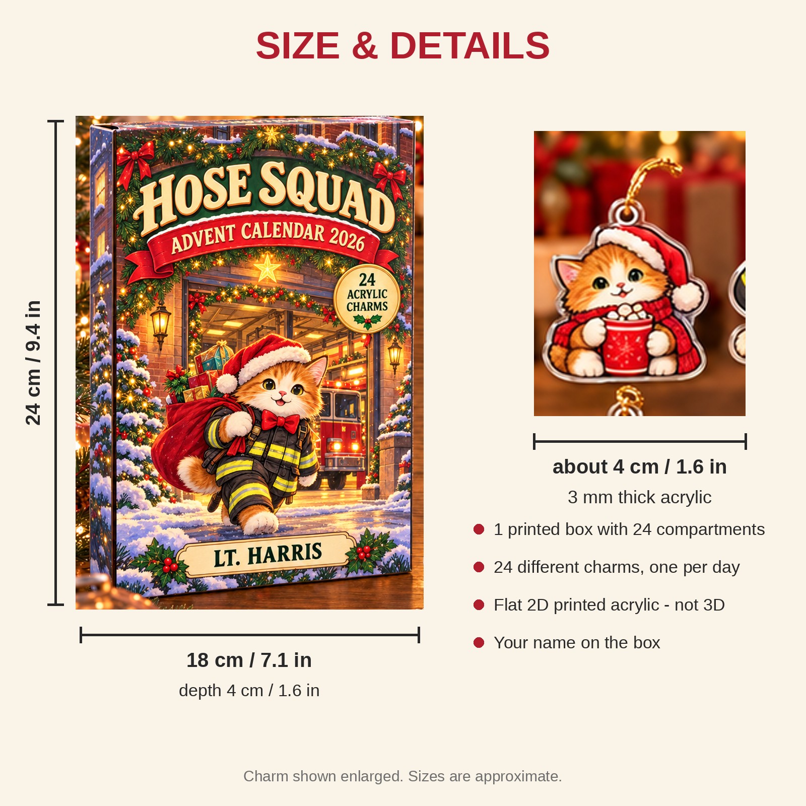 Personalized Firefighter Cat advent calendar box with 24 flat acrylic Christmas charms: box and charm sizes