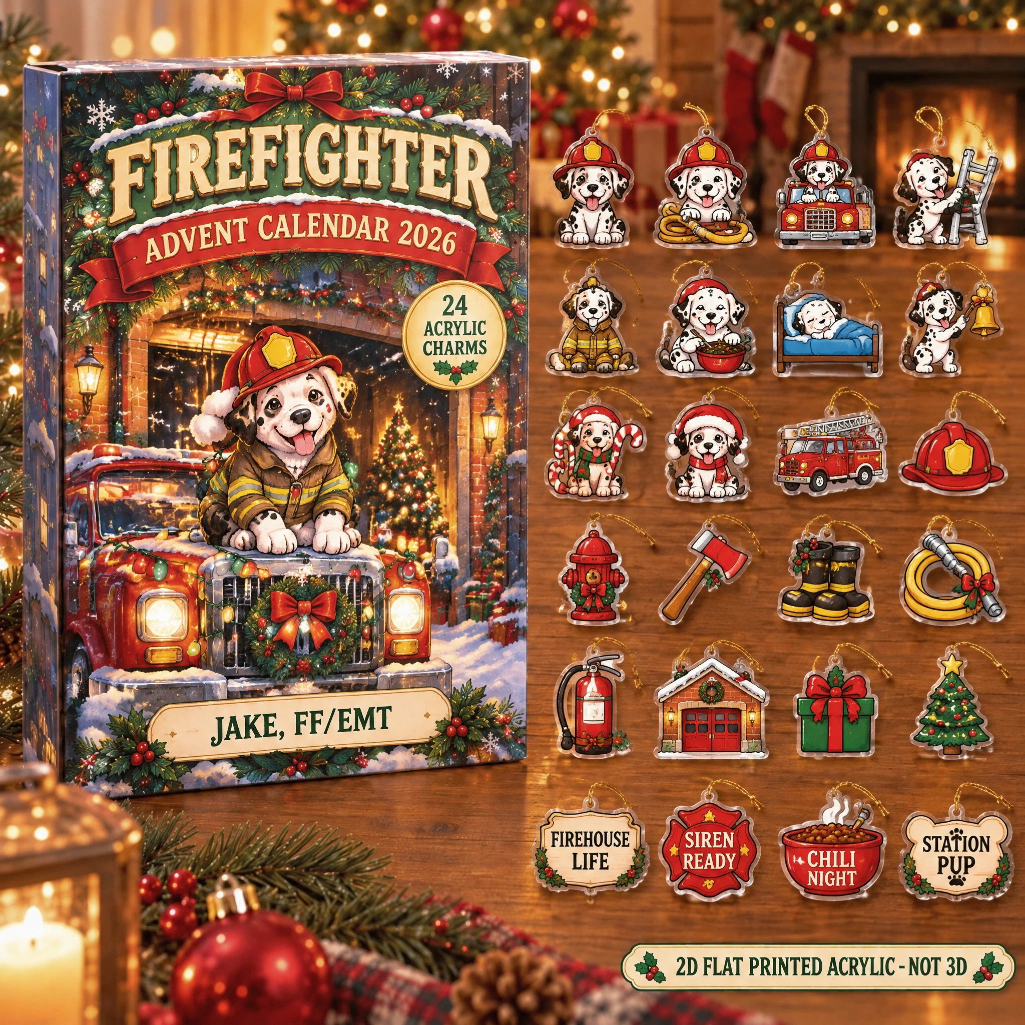 Personalized Firefighter Dalmatian advent calendar box with 24 flat acrylic Christmas charms