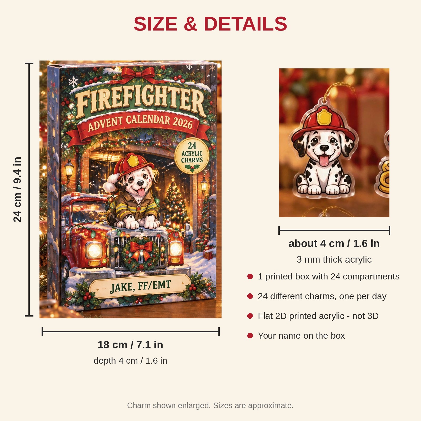 Personalized Firefighter Dalmatian advent calendar box with 24 flat acrylic Christmas charms: box and charm sizes