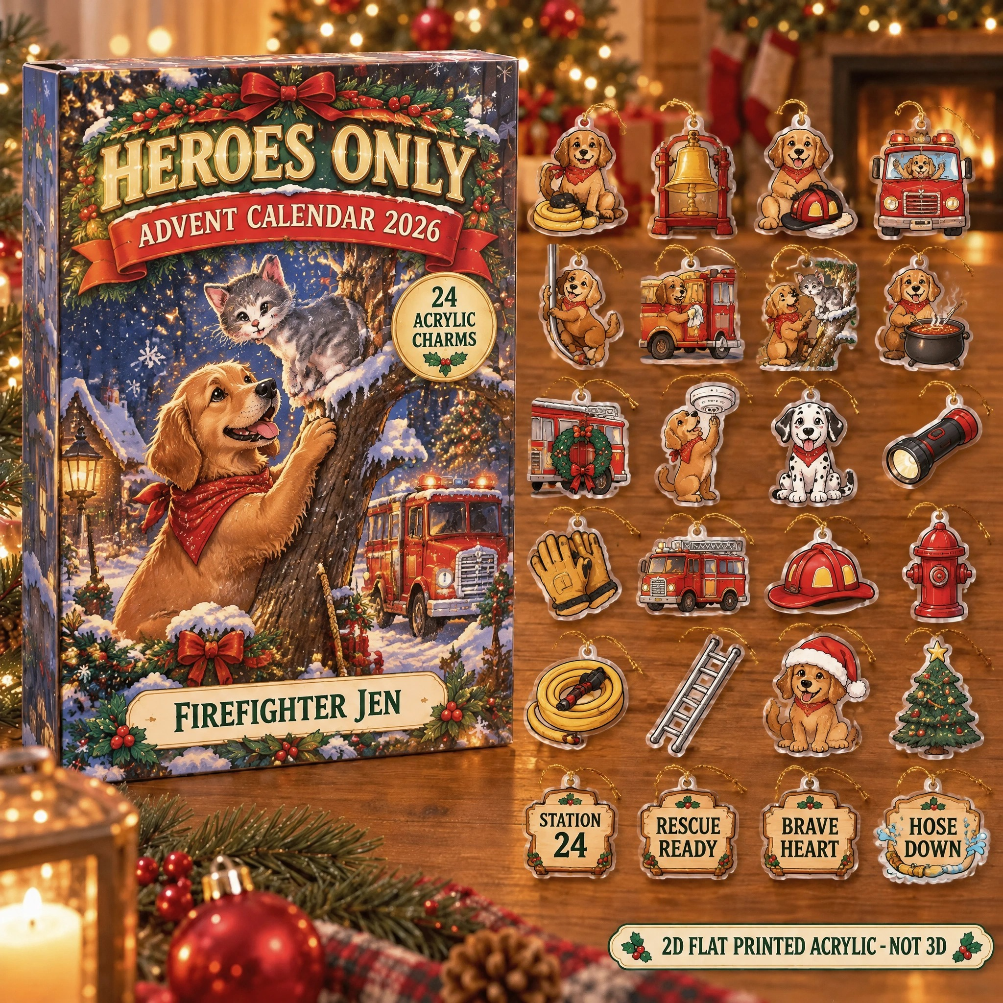 Personalized Firefighter Dog advent calendar box with 24 flat acrylic Christmas charms