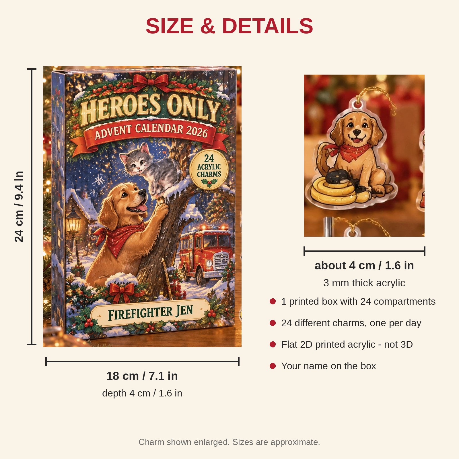 Personalized Firefighter Dog advent calendar box with 24 flat acrylic Christmas charms: box and charm sizes