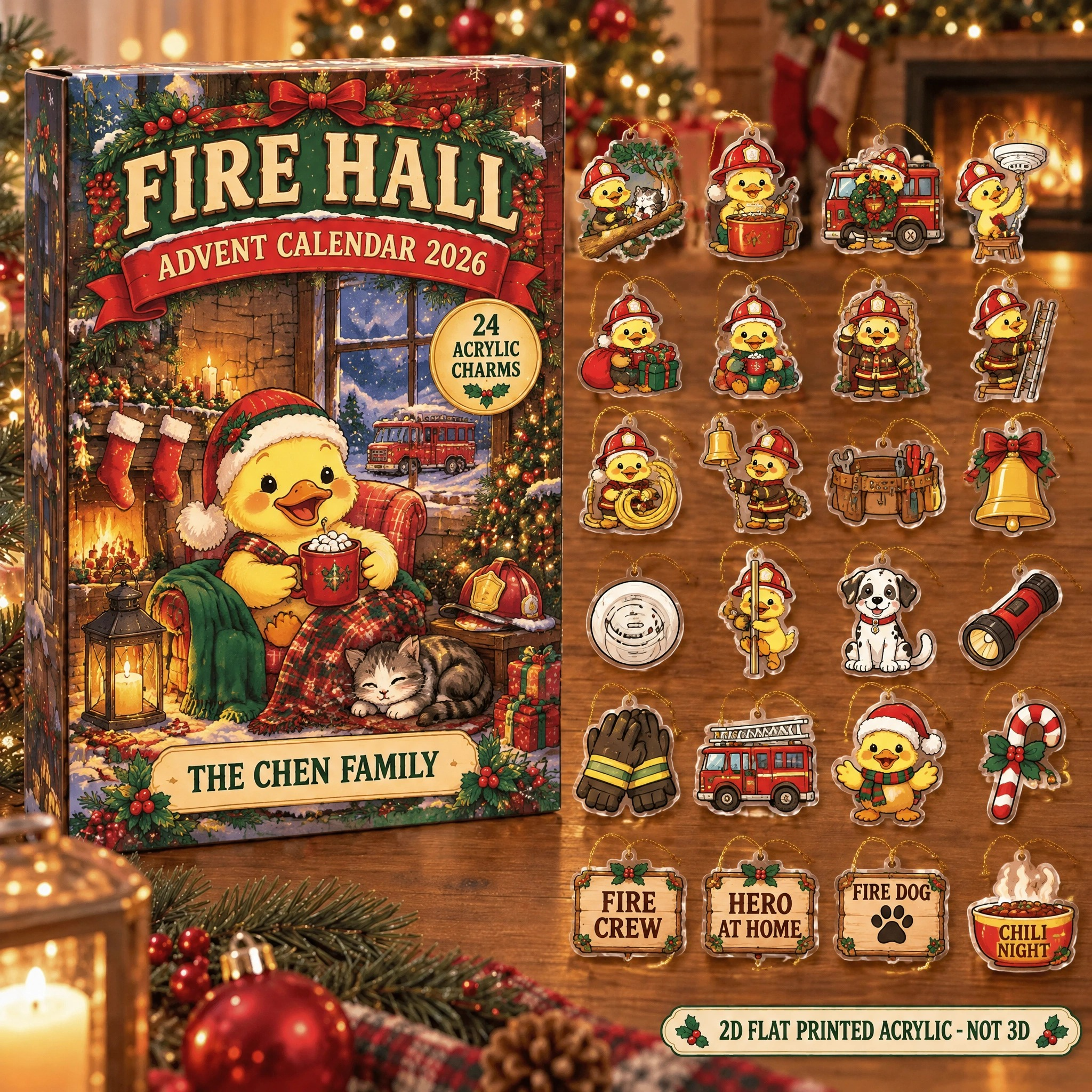 Personalized Firefighter Duck advent calendar box with 24 flat acrylic Christmas charms