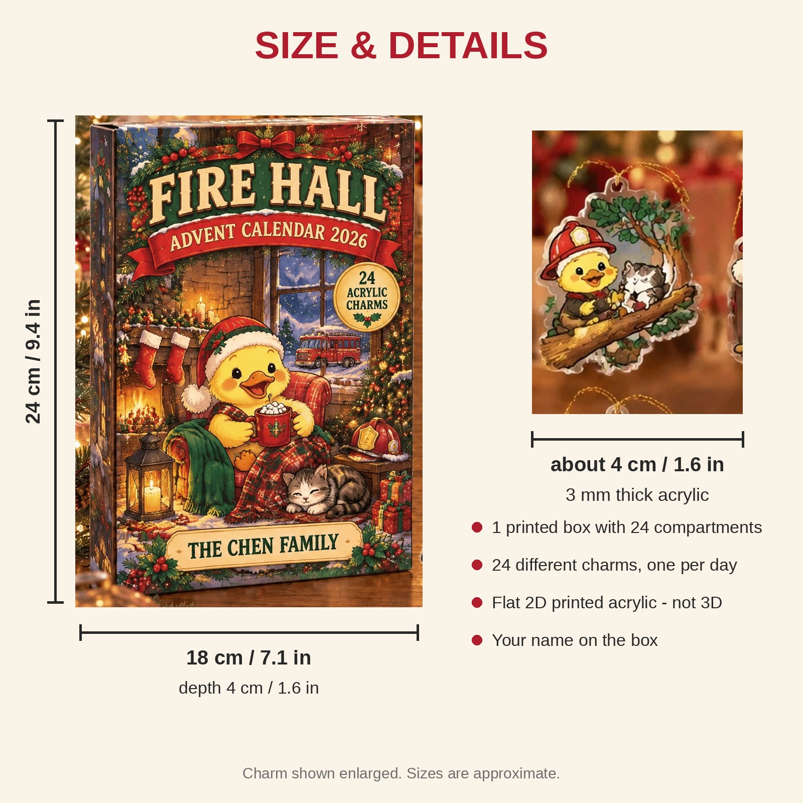 Personalized Firefighter Duck advent calendar box with 24 flat acrylic Christmas charms: box and charm sizes