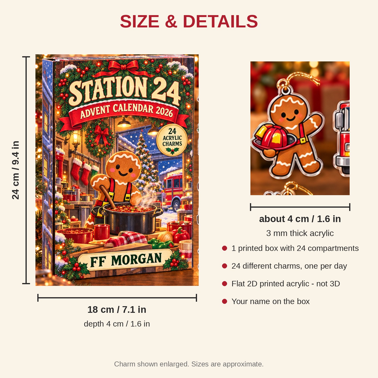 Personalized Firefighter Gingerbread advent calendar box with 24 flat acrylic Christmas charms: box and charm sizes