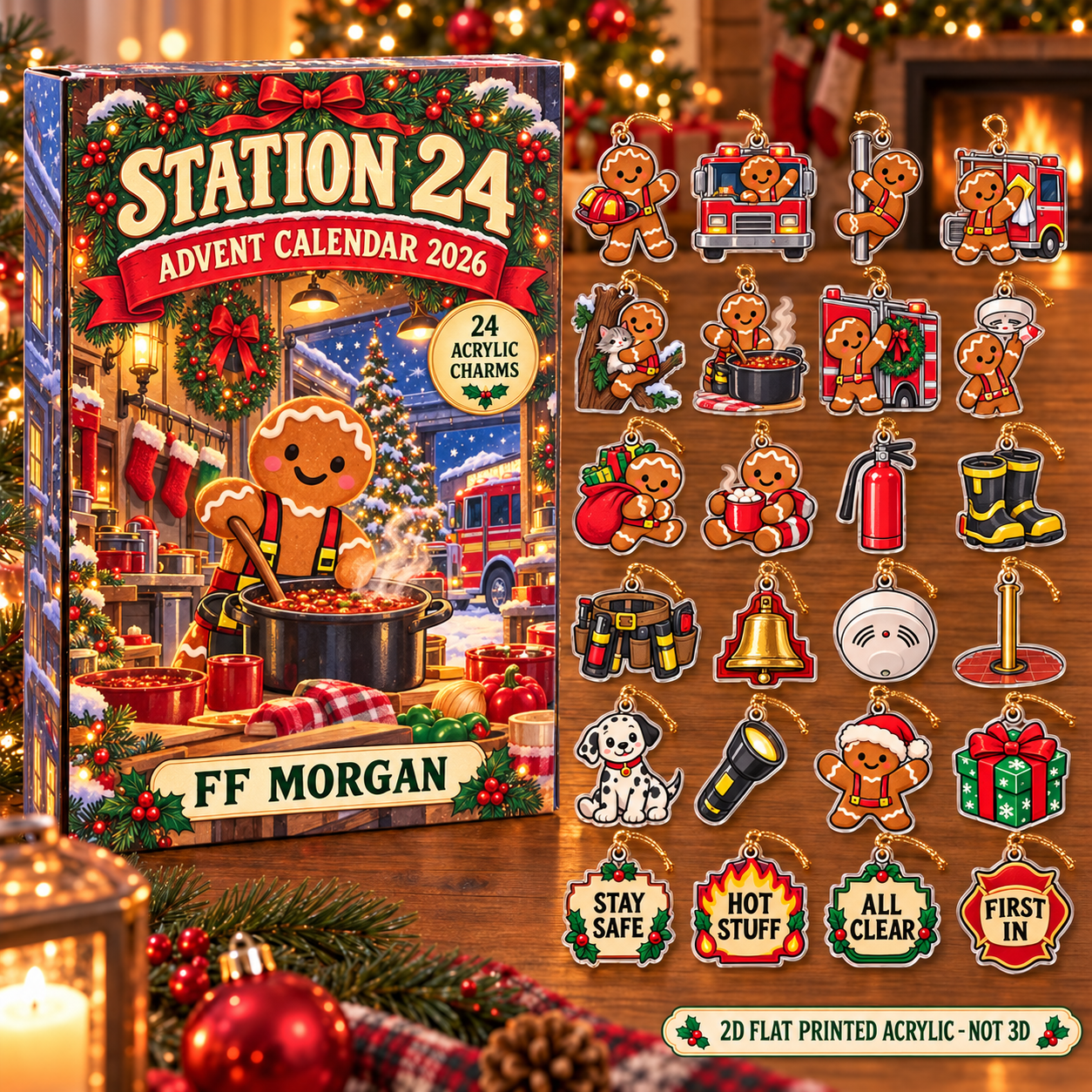 Personalized Firefighter Gingerbread advent calendar box with 24 flat acrylic Christmas charms