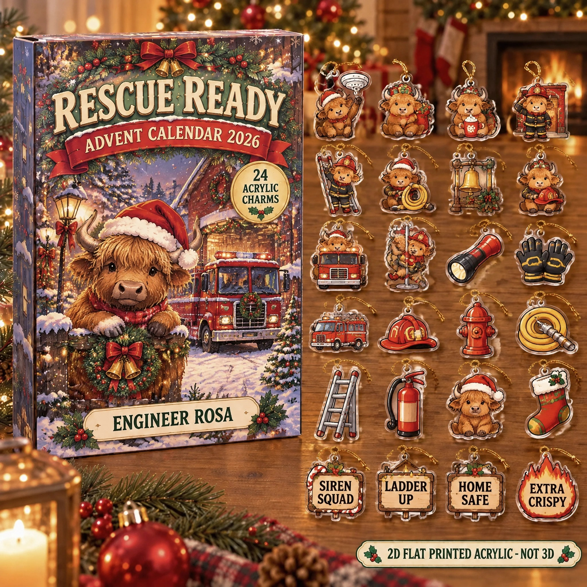 Personalized Firefighter Highland Cow advent calendar box with 24 flat acrylic Christmas charms