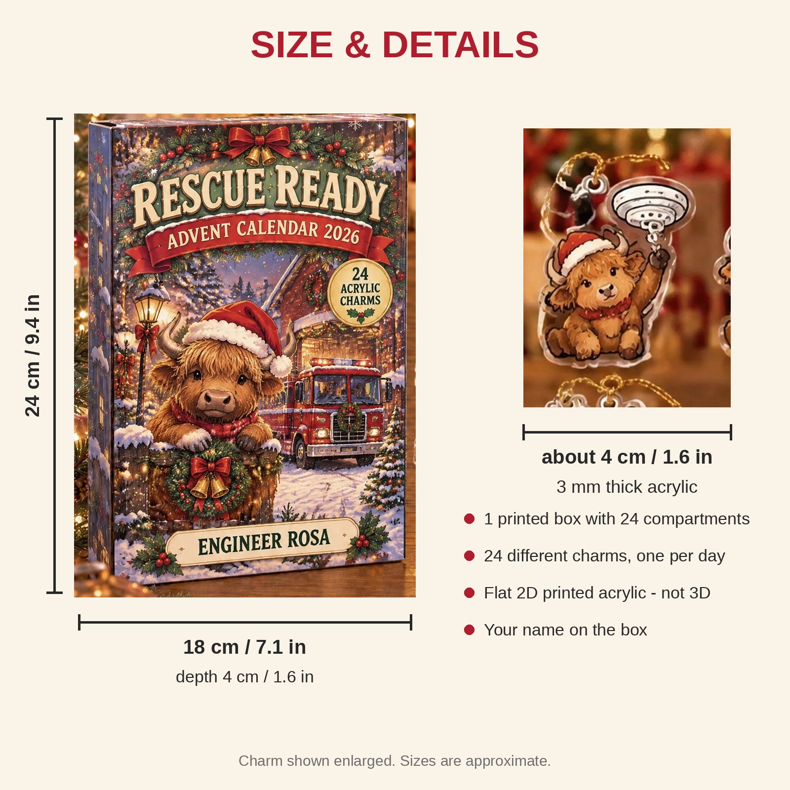 Personalized Firefighter Highland Cow advent calendar box with 24 flat acrylic Christmas charms: box and charm sizes