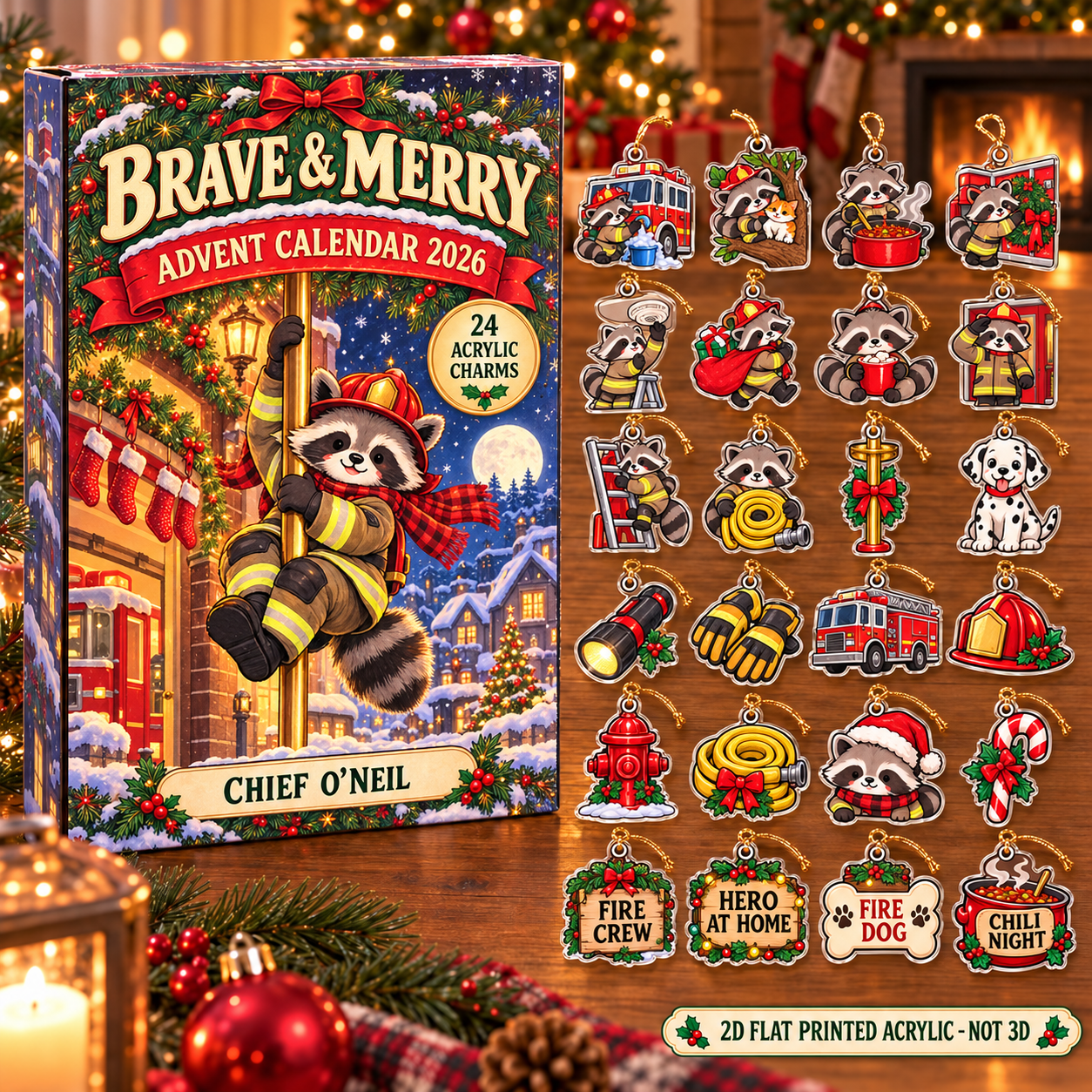 Personalized Firefighter Raccoon advent calendar box with 24 flat acrylic Christmas charms