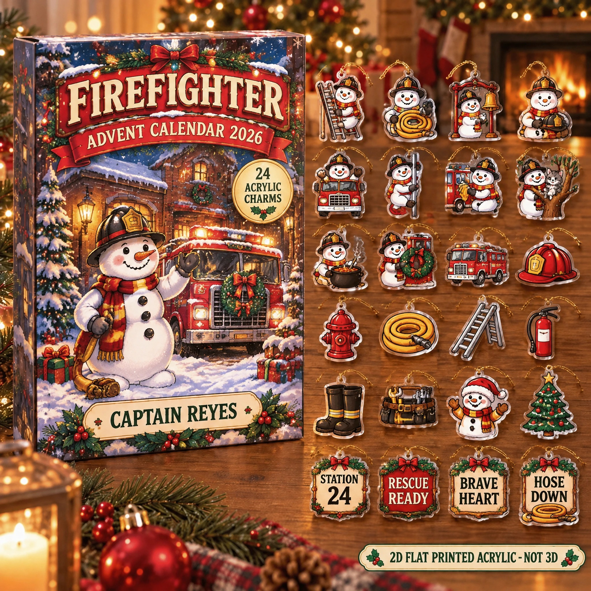 Personalized Firefighter Snowman advent calendar box with 24 flat acrylic Christmas charms