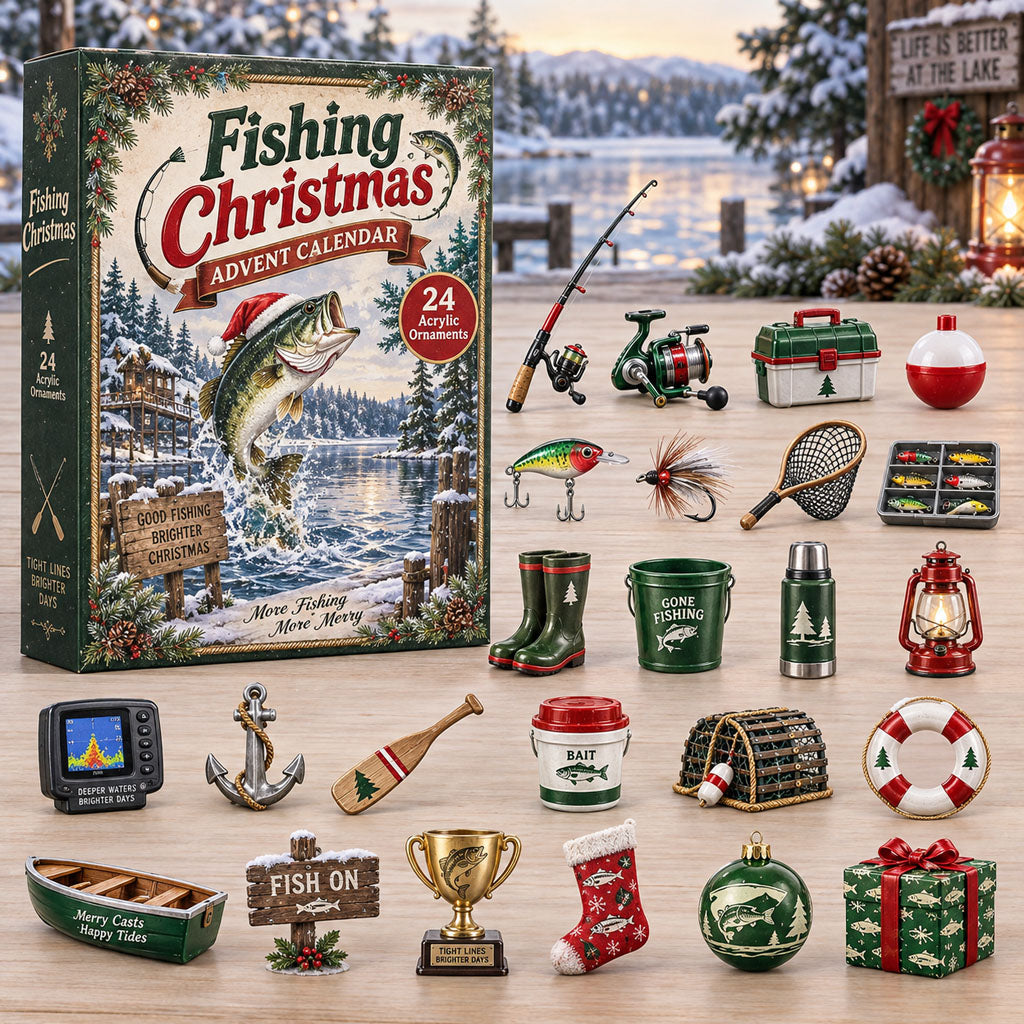 Fishing advent calendar box with 24 acrylic Christmas charms
