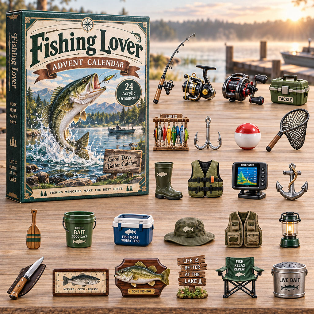 Fishing Lover advent calendar box with 24 acrylic Christmas charms