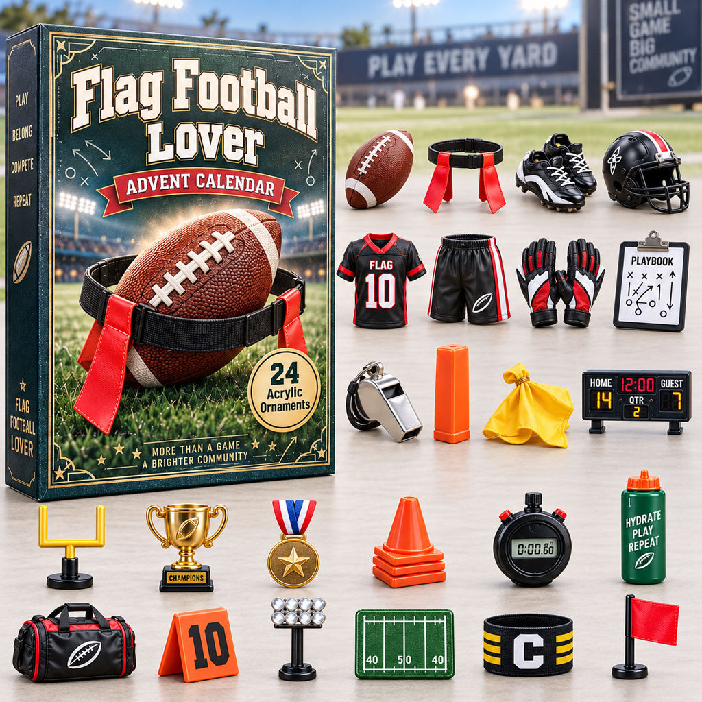 Flag Football Lover advent calendar box with 24 acrylic Christmas charms