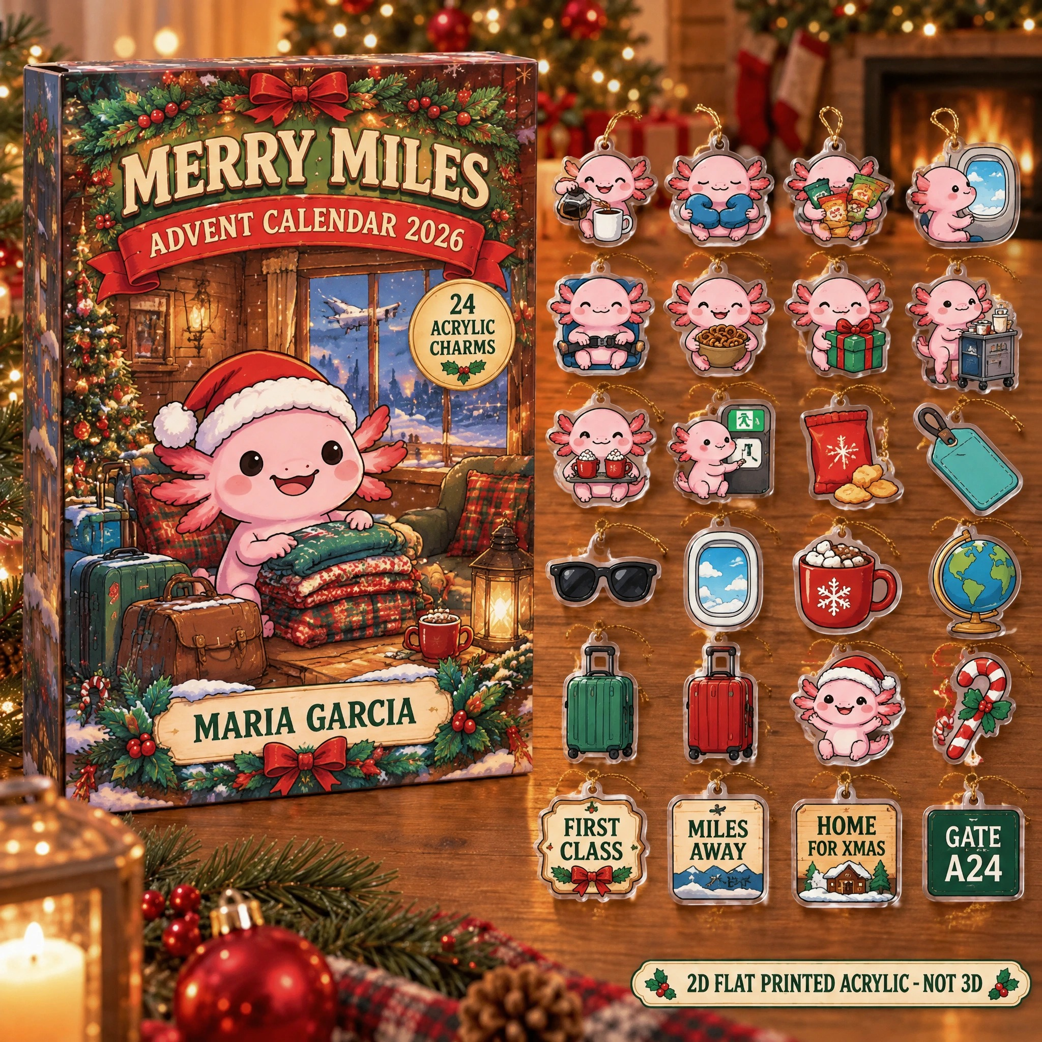 Personalized Flight Attendant Axolotl advent calendar box with 24 flat acrylic Christmas charms
