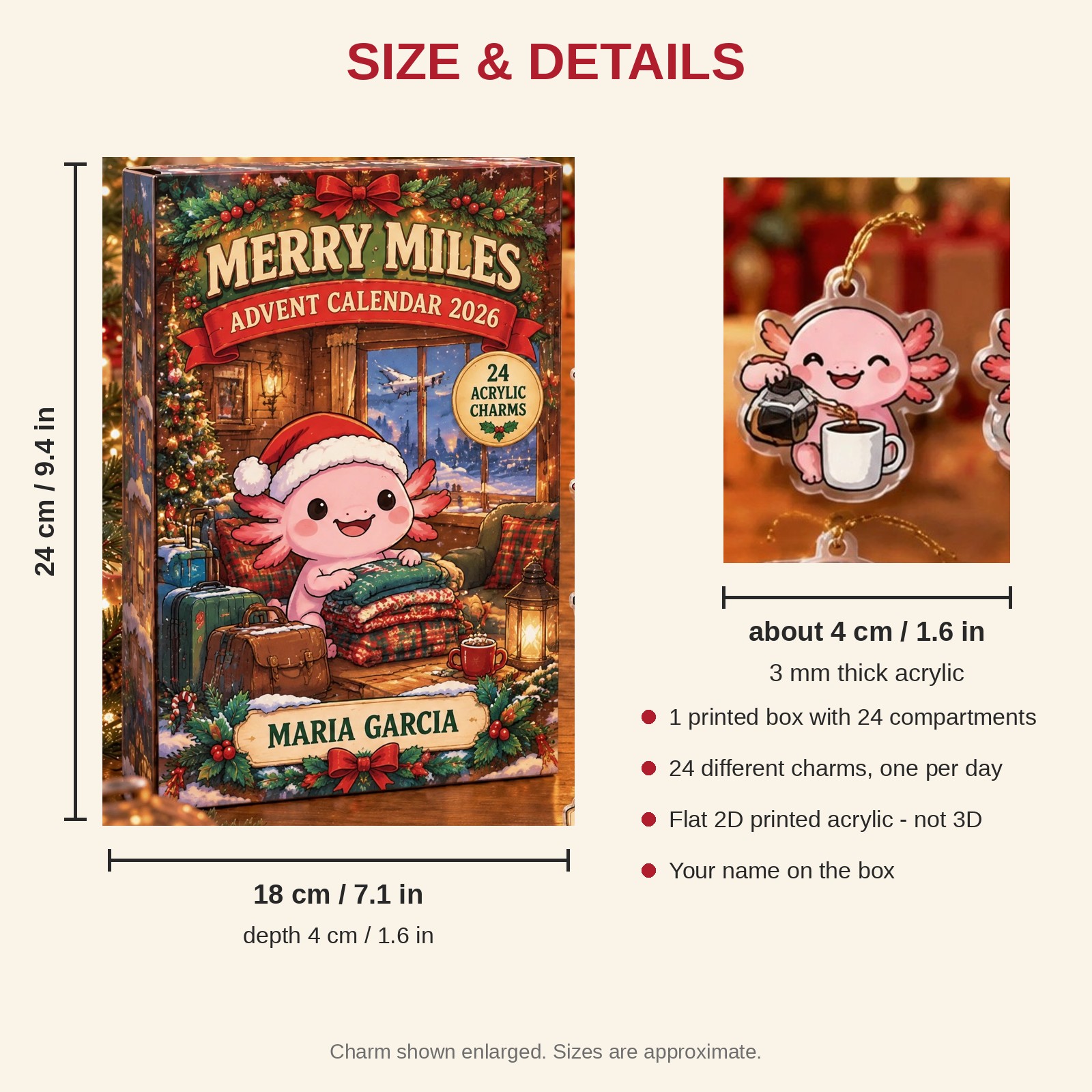 Personalized Flight Attendant Axolotl advent calendar box with 24 flat acrylic Christmas charms: box and charm sizes